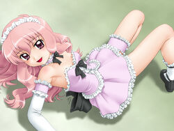  :d black_bow black_footwear blush bow bridal_garter choker corset elbow_gloves female frilled_gloves frilled_skirt frilled_socks frills fuji_shinobu gloves highres lingerie long_hair looking_at_viewer louise_francoise_le_blanc_de_la_valliere maid_headdress open_mouth pink_hair purple_eyes shoes signature skirt smile socks solo underwear white_gloves white_socks zero_no_tsukaima 