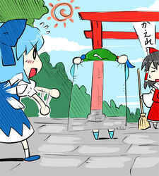  3girls cirno commentary_request hakurei_reimu kawashiro_nitori lowres multiple_girls ninja_screen partial_commentary sakumo_(karatama) torii touhou two_side_up 