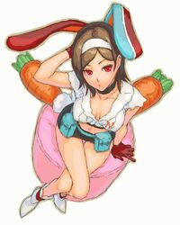  animal_ears breasts brown_hair carrot cleavage commentary_request crossed_legs female getsumento_heiki_miina large_breasts rabbit_ears red_eyes sasagawa_(haikaiki) short_hair sitting solo tsukishiro_mina 