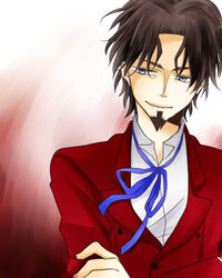  1boy blue_eyes bow bowtie brown_hair crossed_arms facial_hair fate/zero fate_(series) formal goatee male_focus ronpaxronpa short_hair smile solo suit tohsaka_tokiomi upper_body 