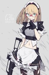  absurdres apron assault_rifle blonde_hair blood blood_from_mouth blue_eyes braid female g36_(girls&#039;_frontline) g36_(mod3)_(girls&#039;_frontline) girls&#039;_frontline glasses gun h&amp;k_g36 highres maid maid_apron maid_headdress medium_hair navel pantyhose papaia_(quentingqoo) rifle solo torn_clothes torn_pantyhose weapon 