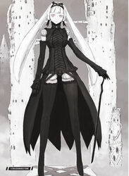  absurdres albino alternate_language android black_dress black_gloves black_ribbon character_name dress english_text female gloves gothic_lolita highres joints limited_palette lolita_fashion long_hair nihei_tsutomu ningyou_no_kuni non-web_source official_art pink_eyes ribbon robot_joints ruins showgirl_skirt standing thighhighs titania_(ningyou_no_kuni) twintails white_hair zettai_ryouiki 