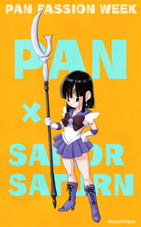  back_bow bad_id bad_pixiv_id bishoujo_senshi_sailor_moon black_eyes black_hair boots bow brooch character_name circlet closed_mouth cosplay cross-laced_footwear dragon_ball dragon_ball_gt elbow_gloves female full_body gloves highres holding holding_weapon jewelry knee_boots lace-up_boots magical_girl medium_hair minaguchi_yuuko miniskirt pan_(dragon_ball) pipi2020pipi pleated_skirt purple_footwear purple_sailor_collar purple_skirt sailor_collar sailor_saturn sailor_saturn_(cosplay) sailor_senshi_uniform silence_glaive skirt smile solo standing star_brooch voice_actor_connection weapon white_gloves 