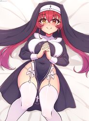  alternate_costume bebatch bed_sheet breasts closed_mouth covered_navel female garter_belt habit heterochromia highres hololive houshou_marine houshou_marine_(nun) interlocked_fingers large_breasts long_hair long_sleeves looking_at_viewer lying nun on_back on_bed own_hands_clasped own_hands_together panties pelvic_curtain red_eyes red_hair side_slit smile solo thighhighs underwear virtual_youtuber white_garter_belt white_panties white_thighhighs yellow_eyes 