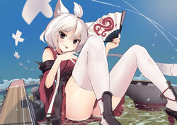  absurdres azur_lane brown_eyes cloud day female fisheye flight_deck folding_fan hand_fan highres hull_shoes japanese_clothes kimono looking_at_viewer miniskirt ocean on_ground pleated_skirt red_kimono red_skirt red_sleeves ribbon shikigami shin_guards short_hair shouhou_(azur_lane) skirt sky sleeveless sleeveless_kimono soraneko_maru thighhighs tongue tongue_out topknot white_hair white_ribbon white_thighhighs wide_sleeves 