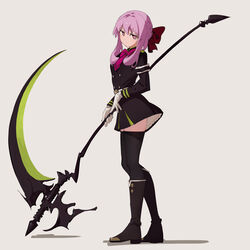  08191224k absurdres black_footwear black_thighhighs boots bow female gloves hairbow head_tilt highres hiiragi_shinoa holding holding_scythe long_hair looking_at_viewer looking_to_the_side owari_no_seraph purple_hair red_bow scythe simple_background smile solo thighhighs white_background white_gloves 