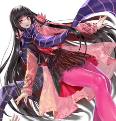  black_hair black_skirt blunt_bangs coat dutch_angle fate/grand_order fate_(series) female highres long_hair long_scarf looking_at_viewer nail_polish natsujiru neckerchief open_clothes open_coat open_mouth oryou_(fate) pantyhose pink_coat pink_eyes pink_pantyhose pleated_skirt purple_scarf red_nails red_neckerchief scarf school_uniform serafuku skirt smile solo v-shaped_eyebrows very_long_hair white_background 