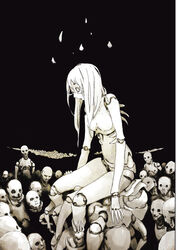  absurdres android black_background black_eyes crowd doll doll_joints female highres joints long_hair monochrome multiple_boys nihei_tsutomu ningyou_no_kuni non-web_source official_art open_mouth simple_background sitting sitting_on_person white_eyes white_hair 