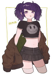  absurdres bad_id bad_pixiv_id blunt_bangs crop_top cropped_legs cropped_shirt denim denim_skirt diagonal_bangs female hair_horns highres idolmaster idolmaster_shiny_colors jacket jewelry looking_at_viewer medium_hair midriff navel necklace off_shoulder pleated_skirt purple_eyes purple_hair shirt skirt smile smiley_face solo sorcery t-shirt tanaka_mamimi thighhighs tongue tongue_out twintails vivienne_westwood zipper 