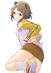  animal_ears animare bow brown_eyes brown_hair female foot_up grin hair_ornament hairclip hands_in_pockets highres jacket konan_mia konan_mia_(1st_costume) looking_at_viewer looking_back loose_socks multicolored_eyes nanashi_inc. nishino_eri open_clothes open_jacket parted_lips pencil_skirt polka_dot polka_dot_bow shirt shoes short_hair sideways_glance simple_background skirt smile socks solo track_jacket virtual_youtuber white_background white_shirt wrist_bow x_hair_ornament yellow_bow yellow_eyes yellow_footwear yellow_jacket yellow_skirt 