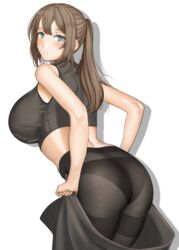  aqua_eyes blush breasts brown_hair chiyo_goya dima_(girls&#039;_frontline) female girls&#039;_frontline high-waist_pantyhose high_ponytail highres large_breasts long_hair looking_at_viewer looking_back pantyhose sidelocks simple_background undressing very_long_hair white_background 