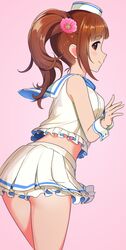  bare_shoulders bow breasts brown_eyes brown_hair closed_mouth cowboy_shot crop_top cropped_shirt female flower frilled_shirt frills from_behind hair_flower hair_ornament hands_up hat highres idolmaster idolmaster_cinderella_girls idolmaster_cinderella_girls_starlight_stage igarashi_kyoko long_hair looking_at_viewer looking_back medium_breasts midriff mini_hat natsuya_(natuya777) pink_background pink_flower pleated_skirt sailor_collar shirt side_ponytail simple_background skirt sleeveless sleeveless_shirt smile solo standing white_hat white_sailor_collar white_shirt white_skirt white_wrist_cuffs wrist_cuffs 