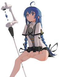  08191224k absurdres ahoge bare_legs barefoot black_ribbon blue_eyes blue_hair braid crossed_bangs feet_out_of_frame female foot_out_of_frame hair_ribbon highres legs long_hair looking_at_viewer mushoku_tensei ribbon roxy_migurdia simple_background sitting solo staff toes twin_braids white_background 