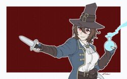  agnes_tachyon_(umamusume) alain_sibon ascot brown_hair capotain coat commentary cosplay crossover dagger darkest_dungeon dress_shirt eyes_visible_through_hair female fingerless_gloves flask gloves gold_trim graverobber_(darkest_dungeon) graverobber_(darkest_dungeon)_(cosplay) hat holding holding_dagger holding_knife holding_weapon horse_girl knife leather leather_gloves medium_hair messy_hair outside_border paid_reward_available pouch red_background red_eyes round-bottom_flask shirt signature solo umamusume weapon white_shirt 