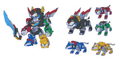  aka-jishi ao-jishi chibi highres ki-jishi kuro-jishi_(golion) lion mecha midori-jishi no_humans non-humanoid_robot photoshop_(medium) robot robot_animal standing super_robot sword voltron:_legendary_defender voltron_(mecha) voltron_(series) weapon white_background xhqiang yellow_eyes 