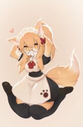  absurdres animal_ears arms_behind_back arms_up black-framed_eyewear black_thighhighs blonde_hair breasts brown_eyes brown_footwear commentary_request female fox_ears fox_girl fox_tail furry furry_female glasses highres loafers looking_at_viewer maid maid_headdress medium_breasts original puffy_short_sleeves puffy_sleeves round_eyewear shoes short_sleeves sitting solo tail thighhighs uyu_(soda_uyu) wariza 