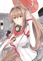  brown_hair cannon cherry_blossoms commentary_request female flower hair_flower hair_ornament headgear jewelry kantai_collection long_hair oil-paper_umbrella ponytail red_eyes red_sailor_collar red_umbrella ring sailor_collar sakuramon smile solo takase_asagiri turret umbrella upper_body wedding_ring yamato_(kancolle) yellow_rope z_flag 