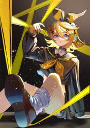  absurdres blonde_hair blue_eyes bow caution_tape choker chromatic_aberration crop_top female flipped_hair hair_ornament hairbow hairclip hand_up headphones highres kagamine_rin long_sleeves looking_at_viewer md5_mismatch midriff neckerchief nemari_(user_wtca7244) o-ring o-ring_choker perspective rettou_joutou_(vocaloid) sailor_collar shoe_soles short_hair sitting skirt socks solo v-shaped_eyebrows vocaloid 