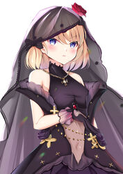  azur_lane bad_id bad_pixiv_id bare_shoulders black_dress black_gloves blue_eyes blush bow breasts bridal_veil brown_hair catnnn collarbone commentary covered_navel cross dress female gloves hair_ribbon hairbow highres iron_cross jewelry looking_at_viewer medium_breasts necklace official_alternate_costume parted_lips ribbon short_hair simple_background solo turtleneck turtleneck_dress veil wedding_dress white_background z23_(azur_lane) z23_(schwarze_hochzeit)_(azur_lane) 