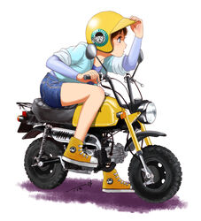  aqua_eyes blue_shorts chutohampa female full_body helmet layered_sleeves long_sleeves motor_vehicle motorcycle original profile purple_shirt shadow shirt short_over_long_sleeves short_sleeves shorts signature simple_background solo white_background yellow_footwear yellow_headwear 