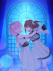  2girls ahoge akira_(akira_arika_d) arm_around_waist bad_id bad_pixiv_id black_gloves commentary_request dancing dress fate/grand_order fate/grand_order_waltz_in_the_moonlight/lostroom fate_(series) formal fujimaru_ritsuka_(female) fujimaru_ritsuka_(female)_(waltz_in_the_moonlight/lostroom) gloves hair_ornament hair_over_one_eye hair_scrunchie holding_hands looking_at_another mash_kyrielight mash_kyrielight_(under_the_same_sky) multiple_girls official_alternate_costume one_side_up orange_eyes orange_hair purple_eyes purple_hair scrunchie short_hair smile waltz_(dance) yuri 