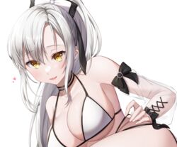  azur_lane bikini drake_(azur_lane) drake_(the_golden_hind&#039;s_respite)_(azur_lane) female grey_choker hair_between_eyes long_hair looking_at_viewer lying multi-strapped_bikini nagura_shiro official_alternate_costume on_side see-through see-through_sleeves solo string_bikini swimsuit white_bikini white_hair yellow_eyes 