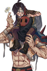  1boy :d ^_^ abs age_difference armor artist_name bad_id bad_pixiv_id bandage_over_one_eye bandaged_arm bandages belt black_footwear black_hair black_shorts blush boots brown_poncho buddy_(lisa) carrying closed_eyes fake_horns female flower full_body grey_shirt hair_between_eyes hand_grab hand_on_another&#039;s_head hand_on_another&#039;s_leg hand_up highres holding holding_flower horned_headwear horns injury lisa_(series) lisa_the_joyful long_hair mask muscular open_mouth pantyhose patting pauldrons poncho rando_(lisa) red_belt scar scar_across_eye scar_on_face shirt shorts shoulder_armor shoulder_carry shousan_(hno3syo) simple_background single_horn size_difference skull_mask smile spoilers swept_bangs topless_male upper_body white_background 