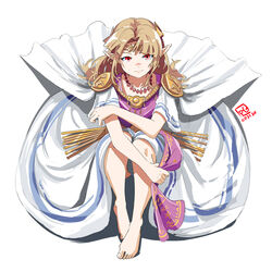  alternate_eye_color armor automatic_giraffe barefoot brown_hair cape circlet clothing_aside commentary dress feet female forehead_jewel from_above frown full_body jewelry long_dress long_hair looking_at_viewer necklace pauldrons pearl_necklace pelvic_curtain pelvic_curtain_aside pointy_ears princess_zelda red_eyes shoulder_armor solo straight-on super_smash_bros. symbol-only_commentary the_legend_of_zelda the_legend_of_zelda:_a_link_between_worlds toes white_background white_cape 