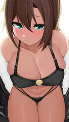  absurdres apple_(ygbhjdbiulsg) bikini black_bikini black_jacket blush breasts brown_hair cleavage collarbone female fur-trimmed_jacket fur_trim hair_between_eyes highres idolmaster idolmaster_cinderella_girls jacket large_breasts looking_at_viewer multi-strapped_panties navel skindentation solo swimsuit tada_riina thigh_gap 