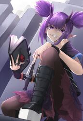  arknights bare_shoulders black_thighhighs book boots dagger female highres holding holding_book holding_dagger holding_knife holding_weapon horns knife lava_(arknights) miimu_(nelreg3) pointy_ears purple_eyes purple_hair shirt short_hair skirt smile solo thighhighs weapon 