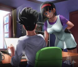  1boy absurdres arm_support bike_shorts black_hair blue_eyes blunt_bangs breasts chair computer cup desktop dragon_ball dragon_ball_super dragon_ball_super_super_hero dragon_ball_z elite_nappa female gloves grin hairband hand_on_own_hip highres husband_and_wife indoors laptop mug nervous_sweating open_window purple_shirt red_hairband shirt short_hair shorts smile son_gohan spiked_hair sweat videl white_shirt window 