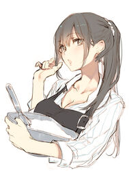  apron black_apron black_hair bowl breasts brown_eyes cleavage collared_shirt cooking female high_ponytail holding holding_bowl long_hair open_mouth original pinstripe_pattern pinstripe_shirt shirt sidelocks solo spoon striped tatami_to_hinoki white_background 