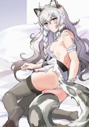  absurdres animal_ear_fluff animal_ears arknights ass bare_shoulders black_thighhighs blush braid breasts changpan_hutao female grey_eyes hair_between_eyes highres long_hair lying median_furrow medium_breasts on_bed on_side pramanix_(arknights) shirt sideboob solo tail thighhighs thighs twin_braids very_long_hair white_hair white_shirt 