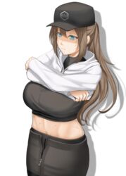  aqua_eyes breasts brown_hair chiyo_goya commentary dima_(girls&#039;_frontline) female girls&#039;_frontline high-waist_pantyhose high_ponytail highres large_breasts long_hair pantyhose sidelocks simple_background solo sweat very_long_hair white_background 