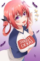  absurdres bad_anatomy bad_proportions bat_hair_ornament black_ribbon blush breasts clothes_writing commentary female gabriel_dropout gradient_background hair_between_eyes hair_ornament hair_ribbon hair_rings hand_up highres large_breasts long_sleeves looking_at_viewer meme_attire miso_bon oerba_yun_fang oozora_naomi open_mouth purple_background purple_eyes red_hair ribbon satanichia_kurumizawa_mcdowell smile sugoi_dekai voice_actor_connection 