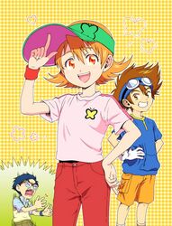  1daijida 2boys :d bad_id bad_pixiv_id blonde_hair blue_shirt brown_eyes brown_hair digimon digimon_adventure female gloves goggles goggles_on_head grin hair_between_eyes hands_on_own_hips kido_jo looking_at_viewer multiple_boys open_mouth pants pink_shirt red_pants shirt short_hair short_sleeves shorts smile spiked_hair takenouchi_sora visor_cap white_gloves yagami_taichi yellow_background yellow_shorts 