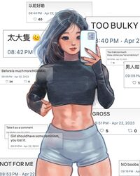  abs blue_eyes breasts bullying cellphone chinese_text commentary english_text female grey_hair highres lips little_thunder long_hair mixed-language_text muscular muscular_female navel original phone selfie small_breasts smartphone smile solo sportswear symbol-only_commentary thick_thighs thighs toned translated 