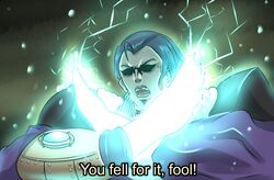  1boy araki_hirohiko_(style) blue_hair electricity english_text eyes_in_shadow fate/grand_order fate_(series) glowing highres jojo_no_kimyou_na_bouken male_focus meme nikola_tesla_(fate) nueos open_mouth parody phantom_blood solo style_parody subtitled thunder_cross_split_attack upper_body widow&#039;s_peak x_arms 