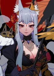  absurdres animal_ears baiyue black_dress black_gloves breasts cleavage cleavage_cutout clothing_cutout commentary dress eyeshadow facial_mark female flower forehead_mark fox_ears fox_girl fox_mask fox_tail gloves grey_hair hair_flower hair_ornament highres holding holding_staff juliet_sleeves long_hair long_sleeves looking_at_viewer makeup mask medium_breasts mole mole_under_eye multiple_tails nijisanji nijisanji_en nina_kosaka nina_kosaka_(2nd_costume) official_alternate_costume puffy_sleeves red_eyes red_eyeshadow red_flower robert_(nina_kosaka) smile solo staff symbol-only_commentary tail unworn_mask virtual_youtuber 