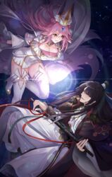  1boy black_hair boots chinese_clothes fate/grand_order fate_(series) female grey_eyes highres holding holding_weapon koyanskaya_(assassin)_(third_ascension)_(fate) koyanskaya_(fate) long_hair looking_at_another mentaikopan open_mouth pink_hair tai_gong_wang_(fate) tamamo_(fate) thigh_boots weapon yellow_eyes 