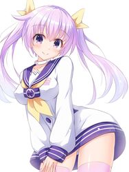  alternate_hairstyle ass_visible_through_thighs blush breasts choker commentary_request covered_nipples dress female hair_ribbon head_tilt highres kazuneko_(wktk1024) leaning_forward long_hair looking_at_viewer medium_breasts neckerchief nepgear neptune_(series) no_bra own_hands_together purple_eyes purple_hair ribbon sailor_collar sailor_dress smile solo striped_clothes striped_thighhighs thighhighs twintails white_choker white_dress yellow_neckerchief yellow_ribbon 