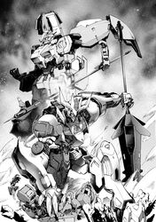  absurdres axe commission damaged extra_arms graze_(mobile_suit) greyscale gundam gundam_barbatos gundam_barbatos_lupus_rex gundam_gusion_rebake gundam_tekketsu_no_orphans highres holding holding_axe holding_weapon kneeling mace mecha mobile_suit monochrome no_humans one-eyed open_hand robot saitoteki_saku science_fiction skeb_commission v-fin weapon 