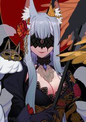  absurdres animal_ears baiyue black_blindfold black_dress black_gloves blindfold breasts cleavage cleavage_cutout clothing_cutout commentary covered_eyes dress facial_mark facing_viewer female flower forehead_mark fox_ears fox_girl fox_mask fox_tail gloves grey_hair hair_flower hair_ornament highres holding holding_staff juliet_sleeves long_hair long_sleeves mask medium_breasts multiple_tails nijisanji nijisanji_en nina_kosaka nina_kosaka_(2nd_costume) official_alternate_costume puffy_sleeves red_flower robert_(nina_kosaka) smile solo staff symbol-only_commentary tail unworn_mask virtual_youtuber 