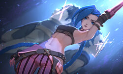  arcane:_league_of_legends arcane_jinx arm_up belt blue_eyes blue_hair braid breasts claggor_(arcane) cloud_tattoo crop_top female fingerless_gloves gloves highres jinx_(league_of_legends) league_of_legends looking_at_viewer loose_belt mylo_(arcane) navel pants sideboob stomach stomach_tattoo striped_clothes striped_pants tattoo tenshin_kagehisa twin_braids 