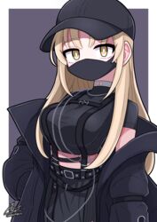  baseball_cap black_hat black_jacket black_mask black_shirt black_skirt breasts brown_eyes chest_harness cropped_shirt female harness hat highres jacket leather_belt light_brown_hair long_hair long_sleeves looking_at_viewer mask medium_breasts mouth_mask negiponzu nijisanji official_alternate_costume open_clothes open_jacket shirt short_sleeves sister_claire sister_claire_(9th_costume) skin_tight skirt solo straight_hair suspender_skirt suspenders t-shirt taut_clothes taut_shirt virtual_youtuber 