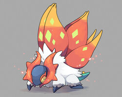  2022 absurd_res ambiguous_gender ancient_pokemon arthropod blue_body blue_skin diamond_(marking) dipstick_wings embers feral fur generation_9_pokemon green_body green_markings green_skin grey_background hi_res horn insect_wings markings nintendo paradox_pokemon pokemon pokemon_(species) quadruped red_wings shaded shadow simple_background slither_wing solo tel0915 white_body white_fur wing_markings wings x_eyes yellow_eyes yellow_wings 