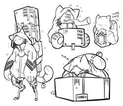  2019 android anthro bell bodily_fluids box carrying_another clothing container cybernetic_leg cybernetic_limb cybernetics delivery_(commerce) delivery_employee digital_drawing_(artwork) digital_media_(artwork) disembodied_hand duo english_text faceplate felid feline flying_sweatdrops holding_box holding_container holding_object hood hooded_jacket jacket jooshy machine male mammal monochrome motion_lines package paws robot signing sleeping solo_focus standing sweat sweatdrop text topwear 