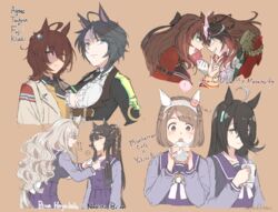  6+girls absurdres adjusting_bow agnes_tachyon_(umamusume) ahoge animal_ears aqua_eyes arm_belt biwa_hayahide_(umamusume) black_hair black_necktie bow bowtie braid breasts brown_eyes brown_hair character_name cleavage coat crown_braid cup earrings epaulettes fuji_kiseki_(umamusume) gloves green_eyes hand_on_another&#039;s_chin heads_together highres holding holding_cup horse_ears horse_girl jewelry lab_coat long_hair long_sleeves manhattan_cafe_(umamusume) maruzensky_(umamusume) medium_breasts mouth_hold multicolored_hair multiple_girls narita_brian_(umamusume) necktie open_clothes open_coat open_mouth pleated_skirt ponytail purple_eyes red_eyes sailor_collar school_uniform short_hair siblings single_earring single_epaulette sisters skirt symboli_rudolf_(umamusume) teeth tracen_school_uniform umamusume white_bow white_gloves white_hair yuhkiano yukino_bijin_(umamusume) 