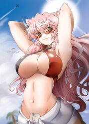  blue_eyes blue_sky breasts butterfly_hair_ornament day female hair_ornament highres large_breasts lips long_hair looking_at_viewer maria_cadenzavna_eve millipen_(medium) outdoors sarong senki_zesshou_symphogear shiny_skin sky smile solo standing suga_leon sunglasses swimsuit traditional_media 