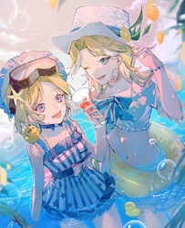  2girls :d alternate_costume artue blonde_hair blue_choker blue_eyes bracelet breasts choker cup day demi_bourbon demi_bourbon_(sea_salt_mocktail) dress drink dutch_angle earrings food fruit goggles goggles_on_head hair_ornament heart heart_tattoo highres identity_v innertube jewelry long_hair multiple_girls one_eye_closed orange_(fruit) orange_slice outdoors purple_eyes rubber_duck short_hair small_breasts smile star_(symbol) star_hair_ornament striped_clothes striped_dress swim_ring swimsuit tattoo tracy_reznik tracy_reznik_(re-swim) wading wet 